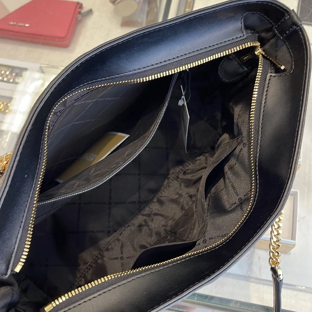 MICHAEL KORS Jet Set Medium Front Zip Pebbled Leather Chain Tote Bag Black